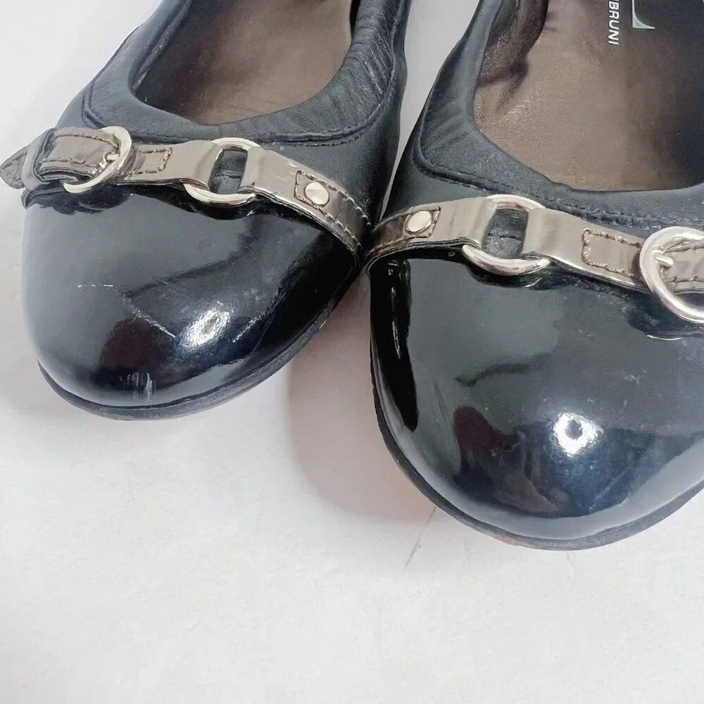 AGL Monika Cap Toe Ballet Flat Black Leather Bronze Buckle Women's Size 9.5